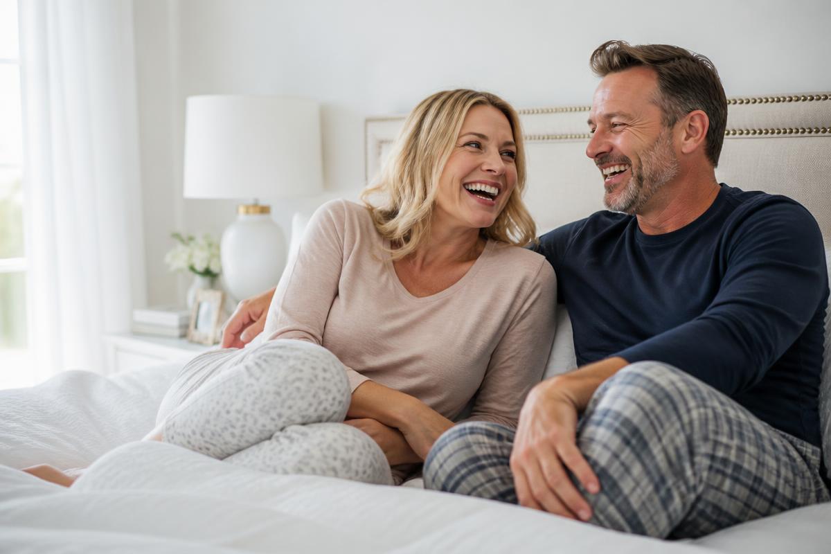 Confident couple laughing together at home